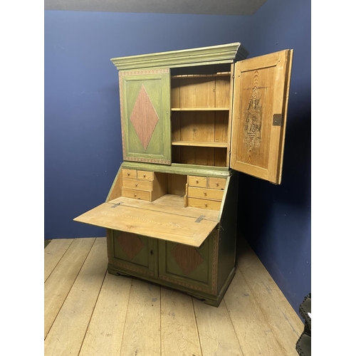 659 - A decorative, pine, Graham Carr green painted bureau with bookcase over; 113cmW x 190cmH (note:  Gra... 