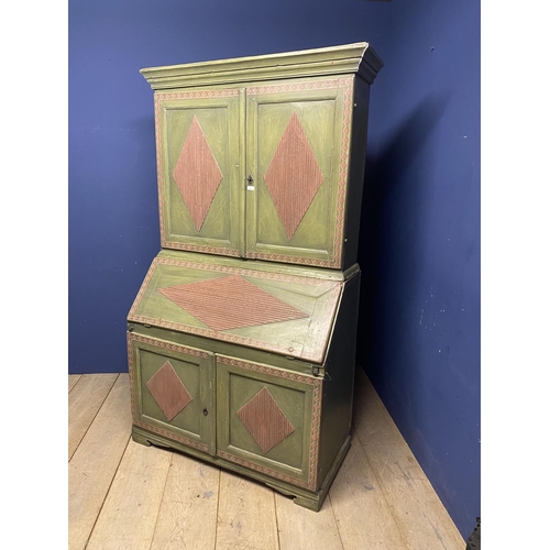 659 - A decorative, pine, Graham Carr green painted bureau with bookcase over; 113cmW x 190cmH (note:  Gra... 