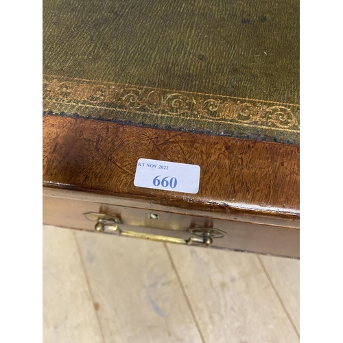 660 - A good mahogany writing table, with 3 drawers, below a tooled green leather skiver, on brass castors... 