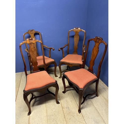 664 - A set of four (2 +2carvers) mahogany dining chairs, with serpentine drop in orange upholstered seats... 