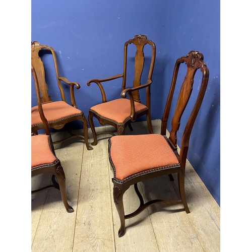 664 - A set of four (2 +2carvers) mahogany dining chairs, with serpentine drop in orange upholstered seats... 