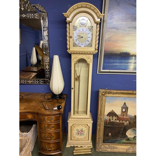 674 - Contemporary small painted long case clock, with glass door, revealing chains, brass weights and pen... 