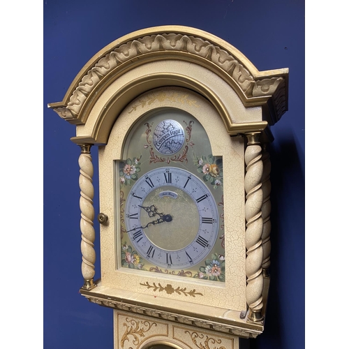 674 - Contemporary small painted long case clock, with glass door, revealing chains, brass weights and pen... 