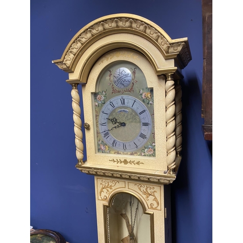 674 - Contemporary small painted long case clock, with glass door, revealing chains, brass weights and pen... 