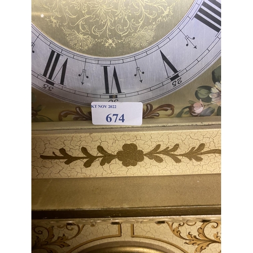 674 - Contemporary small painted long case clock, with glass door, revealing chains, brass weights and pen... 