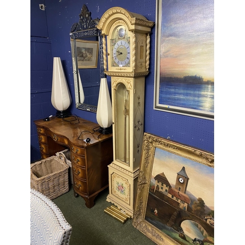 674 - Contemporary small painted long case clock, with glass door, revealing chains, brass weights and pen... 