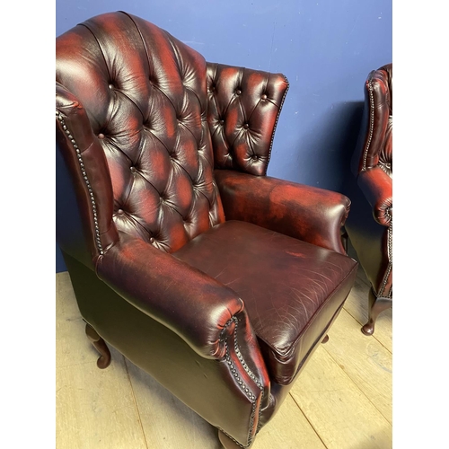 690 - Pair Red/Brown OXBLOOD Thomas Lloyd  leather winged arm chairs and 2 pouffes/Stools. SEE ALL PHOTOS ... 