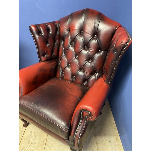 690 - Pair Red/Brown OXBLOOD Thomas Lloyd  leather winged arm chairs and 2 pouffes/Stools. SEE ALL PHOTOS ... 