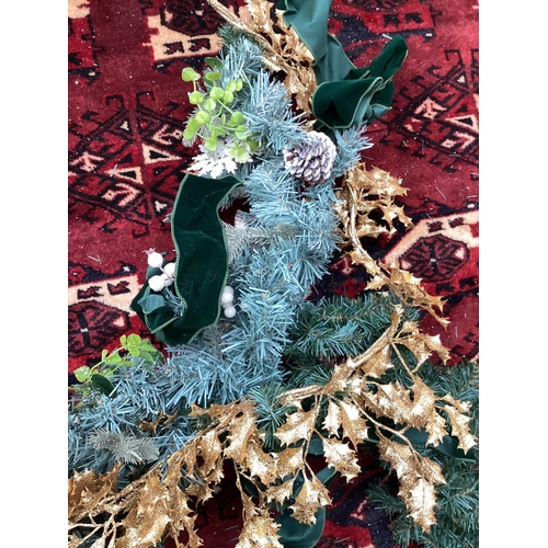 737 - CHRISTMAS: Door garland, with white poinsettia, pine cones, and gold coloured holly, Green Ribbons e... 