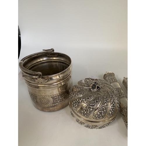 8 - Middle Eastern white metal lidded bowl, with reeded floral decoration and gilt interior, stamped AO9... 