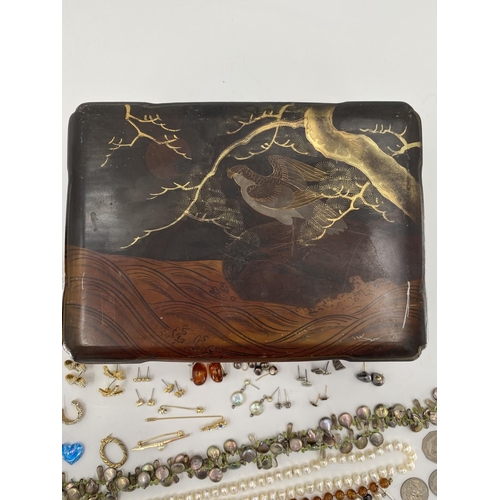 86 - A collection of costume jewellery in a Japanese inlaid lacquered box, with a dome topped jewellery c... 