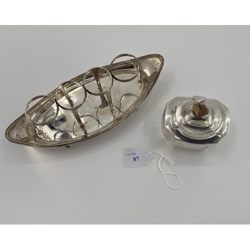 87 - A sterling silver oval condiment holder, and an Art Deco style silver sugar, 402g