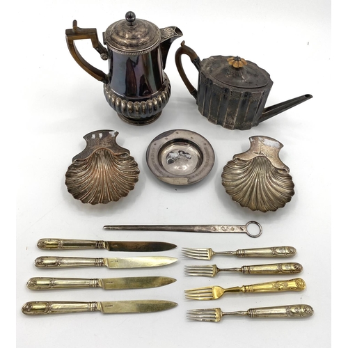 91 - A set of 6 sterling silver dinner forks by Charles Marsh, Dublin 1828 together with a silver tea pot... 