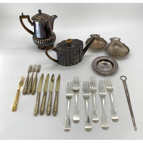 91 - A set of 6 sterling silver dinner forks by Charles Marsh, Dublin 1828 together with a silver tea pot... 