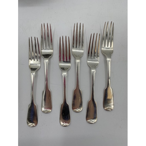 91 - A set of 6 sterling silver dinner forks by Charles Marsh, Dublin 1828 together with a silver tea pot... 