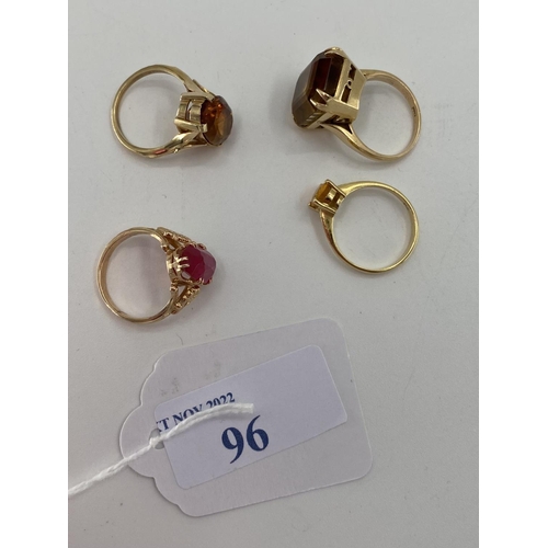 96 - A collection of gold gem set and paste rings, two 18ct, one 15ct, one 9ct, total weight 19.5g