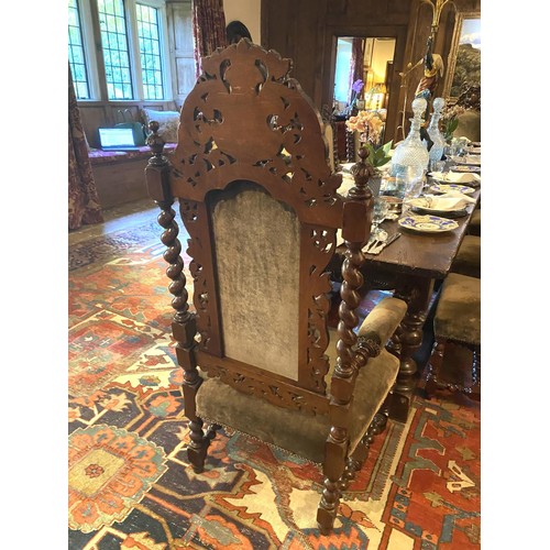 567 - A good set of 10 (8 + 2 carvers) Jacobean style heavily carved mahogany high back dining chairs, wit... 