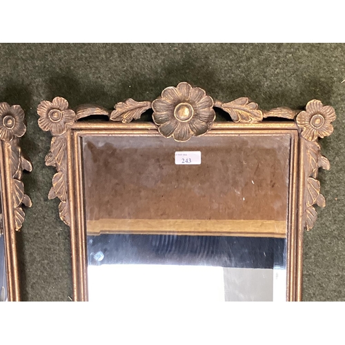 243 - Pair of rectangular gilt gesso wall mirrors with cup and swag decoration.  79 cm H x 35 cm W