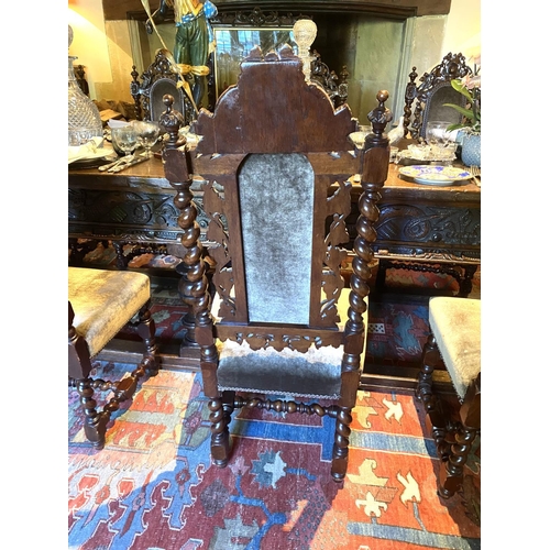 567 - A good set of 10 (8 + 2 carvers) Jacobean style heavily carved mahogany high back dining chairs, wit... 