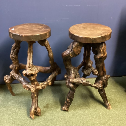 671 - Pair of rustic branch and root support circular wooden stools, possibly olive wood, 70cm H