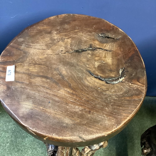 671 - Pair of rustic branch and root support circular wooden stools, possibly olive wood, 70cm H