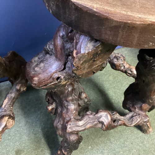 671 - Pair of rustic branch and root support circular wooden stools, possibly olive wood, 70cm H