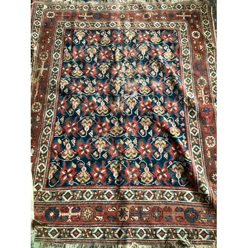 697 - TWO antique rugs, all in worn condition, and as found, see images.  158 x 193; 128 x 155