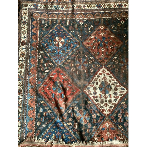 697 - TWO antique rugs, all in worn condition, and as found, see images.  158 x 193; 128 x 155