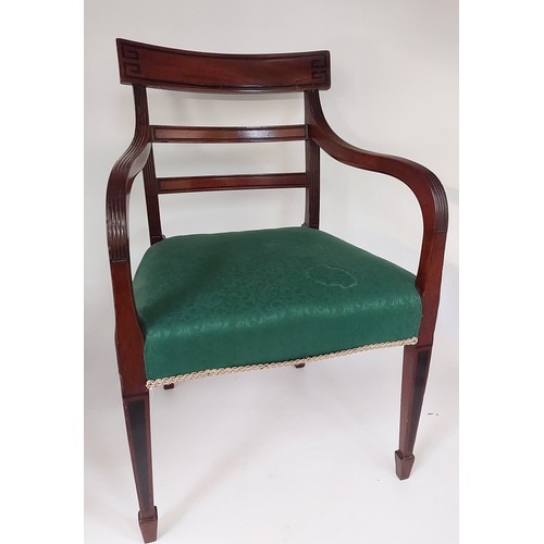 585 - Set of 8 (6 +2( Regency mahogany dining chairs, seats upholstered in green material. One chair is a ... 