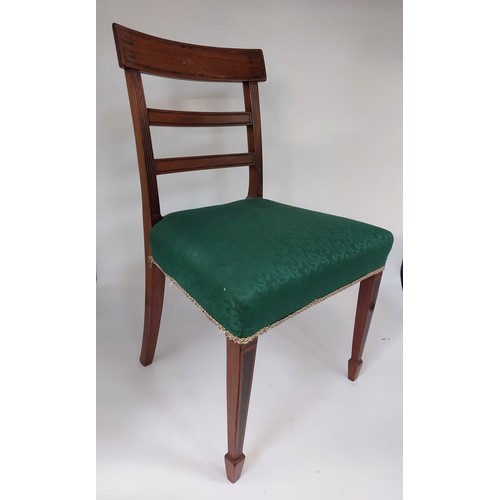 585 - Set of 8 (6 +2( Regency mahogany dining chairs, seats upholstered in green material. One chair is a ... 