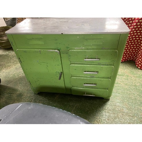 656 - Vintage metal chest, green and grey  metal, with left hand cupboard, and 4 drawers to the right, as ... 