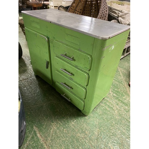 656 - Vintage metal chest, green and grey  metal, with left hand cupboard, and 4 drawers to the right, as ... 