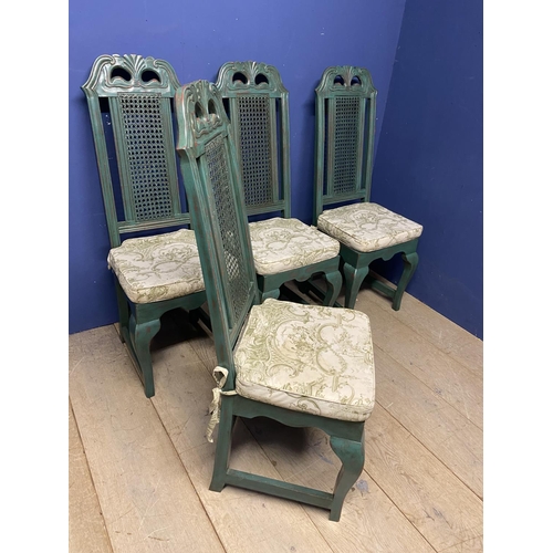 599 - A set of 4 GRAHAM CARR green painted bergere high backed dining chairs with loose cream tie on cushi... 