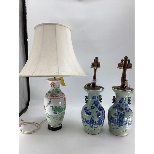 110 - pair of C20th oriental baluster vases, converted to lamps with brass fittings, 59cm, and  another C2... 