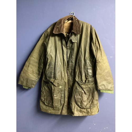 120 - Barbour waxed jacket, and another outside jacket, and a Barbour fleece liner, all Large