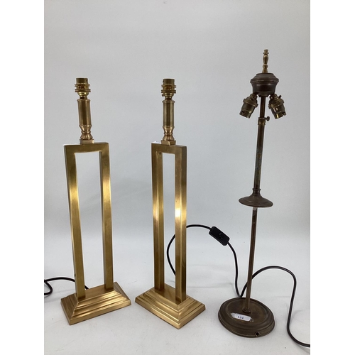 124 - Adjustable late C19th brass table lamp, and 2 modern brass affect lamps