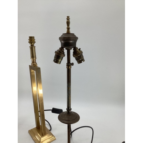 124 - Adjustable late C19th brass table lamp, and 2 modern brass affect lamps