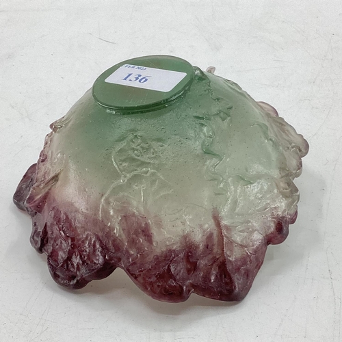 136 - Daum nature, pate de verre cast leaves flower bowl, with etched signature to base, Daum France, 16cm