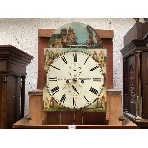 143 - A large mahogany double wide longcase clock, white circular dial, signed Elias E Jones, Bathesda, wi... 