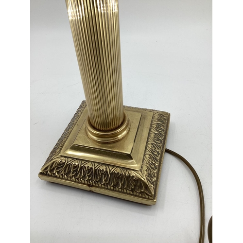 147 - A C20th brass column table lamp on square base, 66cmH