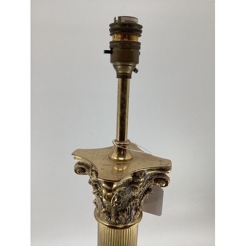 147 - A C20th brass column table lamp on square base, 66cmH