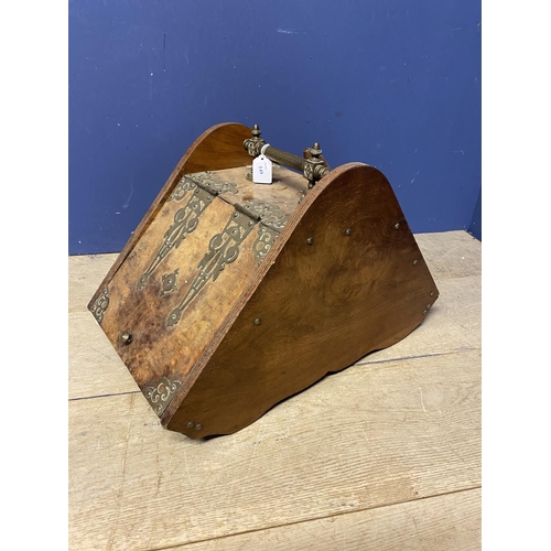 149 - A Victorian brass bound coal scuttle with original cup on shovel and string inlay decoration 37cmH