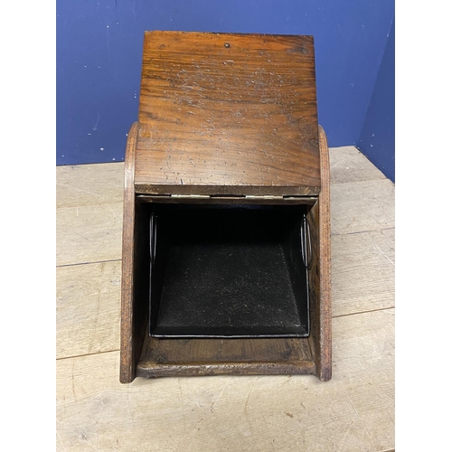 149 - A Victorian brass bound coal scuttle with original cup on shovel and string inlay decoration 37cmH