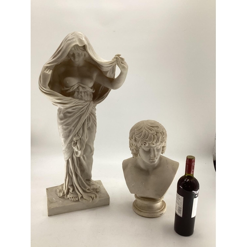 165 - A plaster bust of a classical figure on turned socle base together with a faux marble figure of a pa... 