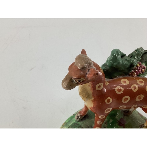 177 - Two small Staffordshire flat back figures of deer 15cm & 13cm H