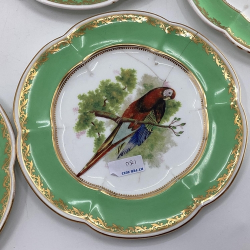 180 - A Collection of Staffordshire plates, gilt green borders with central hand painted birds together wi... 