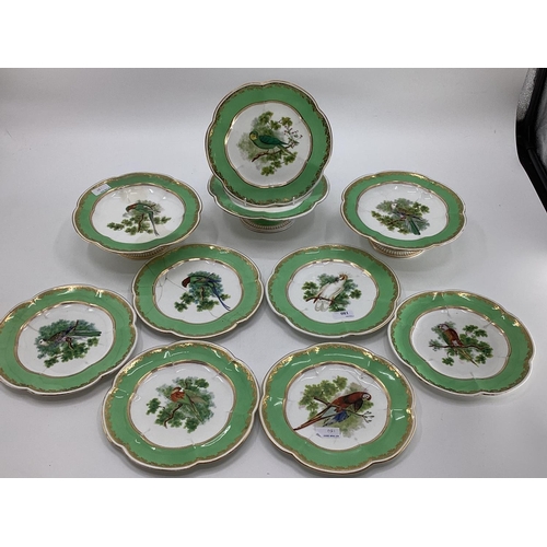 180 - A Collection of Staffordshire plates, gilt green borders with central hand painted birds together wi... 