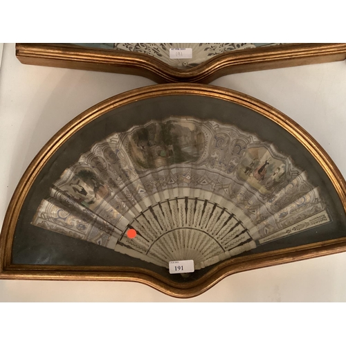 191 - Four C18/C9th style painted fans in a gilt glazed box, frames each 54 x 31cm, please ask for conditi... 