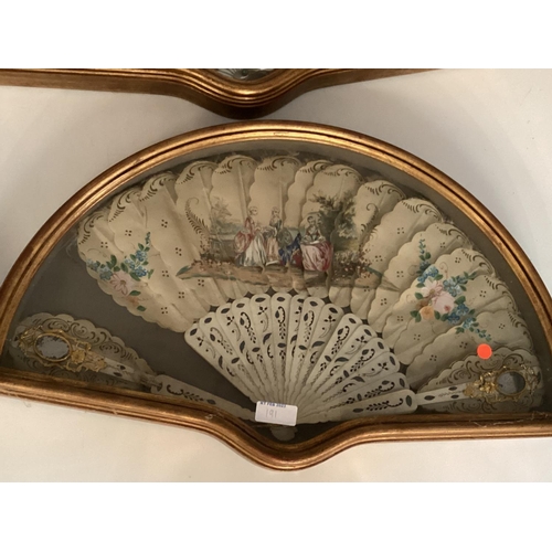 191 - Four C18/C9th style painted fans in a gilt glazed box, frames each 54 x 31cm, please ask for conditi... 