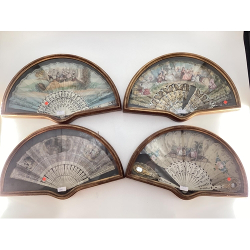 191 - Four C18/C9th style painted fans in a gilt glazed box, frames each 54 x 31cm, please ask for conditi... 